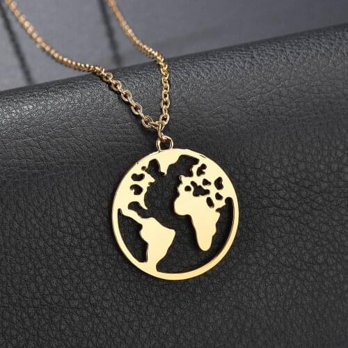 Fashion Vintage Gold Color World Map Pendant Necklace For Women Geometric Round Chain Charm Choker Collares Necklace Jewelry