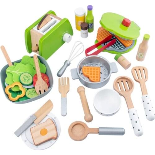 Wooden Kitchen Cookware Set Pretend Kitchen Toys Simulation Toaster Coffee Maker Blender Pretend Cooking Game Toys For Children