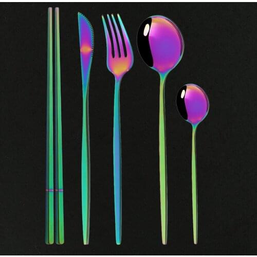 5Pcs Colorful Dinnerware Reusable Travel Cutlery Set Camp Utensils Set with Stainless Steel Knife Spoon Fork Chopsticks Flatware