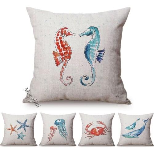 Ocean Animal Pattern Cushion Cover Whale Jellyfish Sea Turtle Water Color Home Decor Sofa Throw Pillow Case Room Bed Kussenhoes