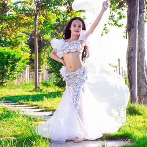 New Luxury hand-made Kids/Child Oriental Dance Suits high quality Bra+Skirt Stage Show Dancing Costume Sets for Girl White color