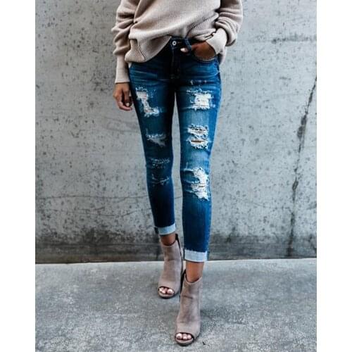 Hole Jeans Vintage White Ripped Slim Fit Skinny Pants Bleached Pleated Denim PantsPencil Pants Long Trouser For Women
