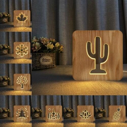 Pineapple Cactus Lotus 3D LED Wooden Night Light Hollow Table Lamp USB Power Desk Lights For Baby Kids Best Night Drop Gift