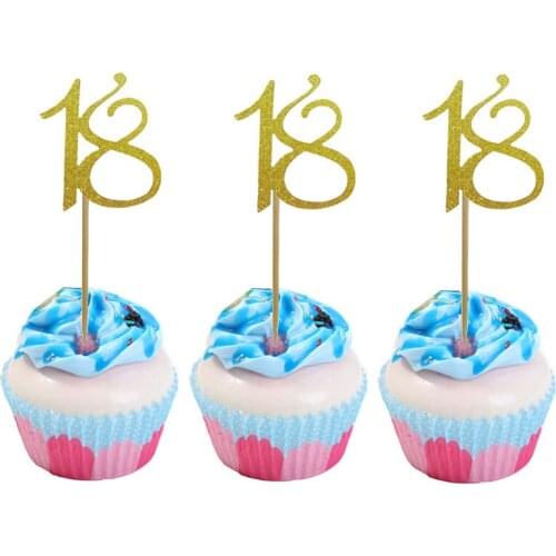 24pcs/Set Happy Birthday Golden Number 18 Years Old Cake Toppers Insert Dessert Cupcake Decoration For Home Party Anniversary
