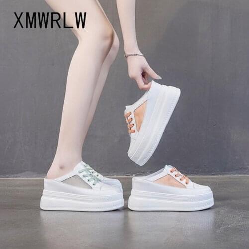 XMWRLW Split Leather Half Shoes Women Slippers High Heels Summer Shoes For Woman Platform Slippers Mesh Ladies Summer Slipper