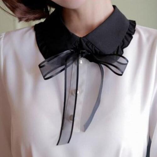 Korean Style Women Elegant Gauze Ribbon Bowtie False Collar Office Lady Retro Ruffles Lapel Half Shirt Blouse Detachable