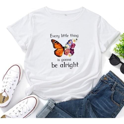 Every Little Thing Alphabet Print Woman T-shirts Beautiful Butterfly Flower Graphic Tees Women Short-sleeved Women Tshirt Cotton