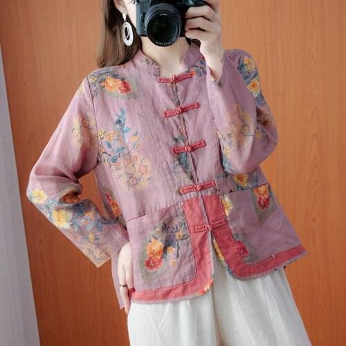 Women Cotton Linen Casual Shirts New 2021 Chinese Style Vintage Stand Collar Floral Print Loose Female Long Sleeve Tops S4040