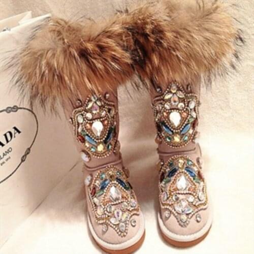 2021 Winter Snow Boots Women Real Fur Rhinestone Handmade Warm Flat Mid-Calf Boots Genuine Leather Comfortable Casual Shoes