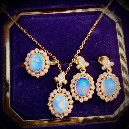 QTT Womens Opal Gemstone Jewelry Sets Pendant Necklace Earring Ring Luxury Retro Temperament Engagement Party Jewelry Set