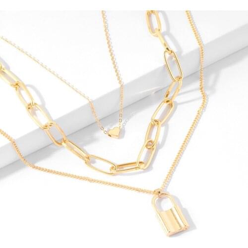 2020 street style necklace fashion exaggerated punk peach heart lock pendant multilayer necklace wholesale jewelry for women