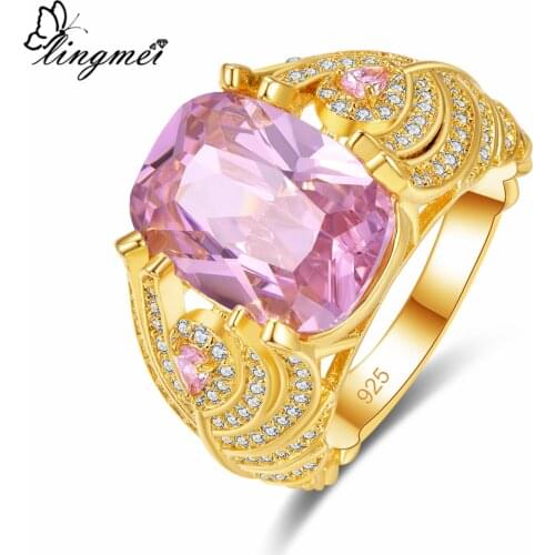 Lingmei Wedding Band Vintage Purple & Pink Cubic Zircon Silver Color Yellow GoldRing Size 6-9 Jewelry for Women Gorgeous