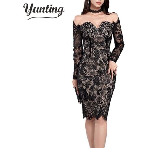 Womens Sexy Black Lace Hollow Fashion Business Sheath Pencil Bodycon Dress Vestidos Elegant Vintage