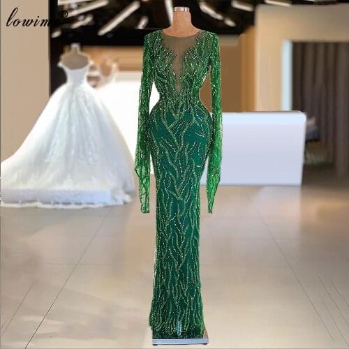 Long Sleeves Green Beads Evening Dresses Mermaid Crystals Elegant Prom Dresses Vintage Celebrity Dresses Robe Longue Femme