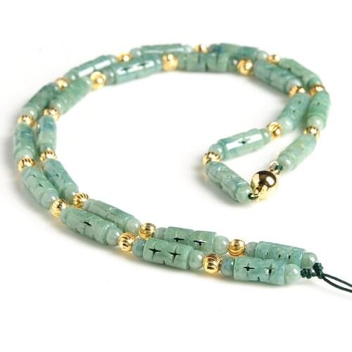 100% Natural Jade (Jadeite) Necklace 13x6mm Luck Green Hollow Rice Tube Beads Link Chain Necklace 24inch