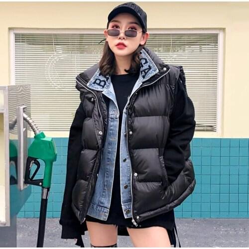 2018 Winter Cotton Vest Women Letter Embroidery Denim Callor Loose Casual Vest for Women Sleeveless Oversize