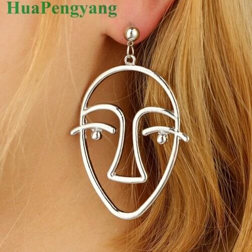 2020 Europe and America Retro Metal Alloy Abstract Art Hollow Face Pendant Earrings Women Jewelry Accessories