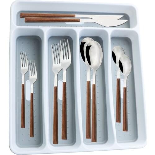 30Pcs Knife Dessert Fork Tea Spoon Cutlery Wooden Handle Dinnerware Set Stainless Steel Silverware Set With Plastic Storage Tray