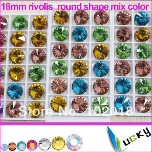 Free Shipping!100pcs 18mm round rivolis Shape point back Fancy sew on Rhinestones MIX colors metal claw strass crystal