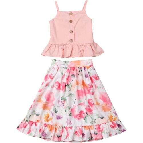 1-6Y Toddler Kids Baby Girl Pink Strap Tank Tops Ruffles Floral Long Skirt 2PCS Summer Sundress Clothes Set