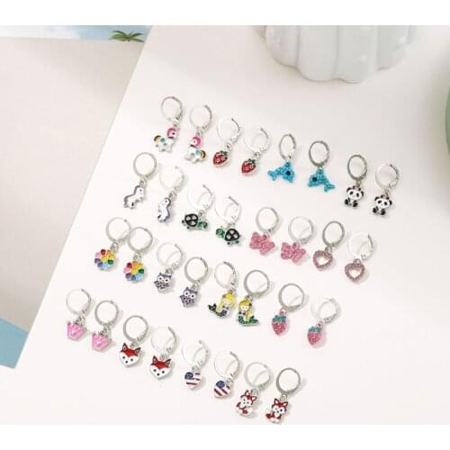 16 Pairs Mixed Cute Animals Earrings Panda Heart Dolphin Owl Crown Strawberry Hoop Drop Earrings Set Fashion Jewelry