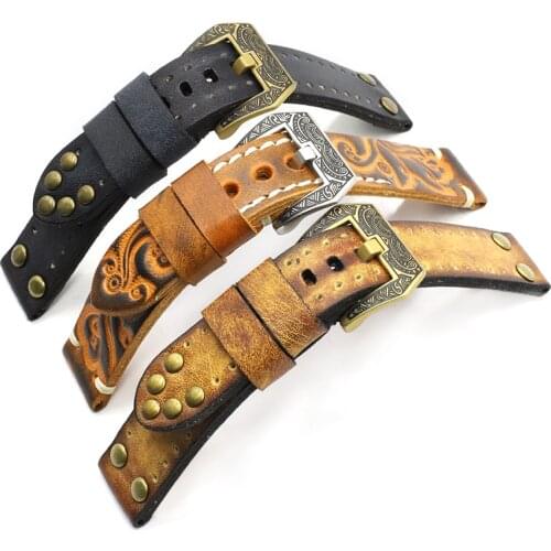 Onthelevel Vintage Fashion Watch Strap 20 22 24mm Watch Bracelet Black Blue Yellow Watchband Belt With Rivets Carving Buckle #E
