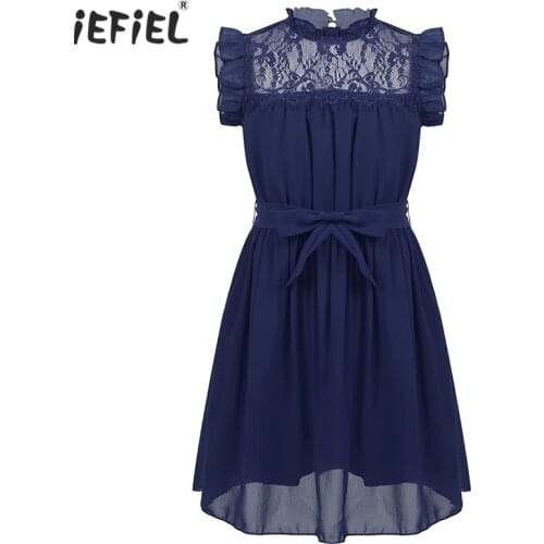 2020 Summer iefiel Kids Girls Sleeveless Casual Dresses Vestidos Knee Length Flounce Neckline Lace Front Chiffon Princess Dress
