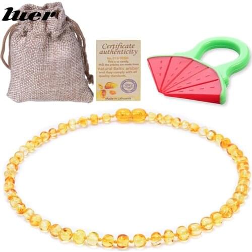 LUER Classic Natural Amber Necklace Certificate Authenticity Genuine Baltic Amber Stone Childre Necklace baby Gift 14 Color