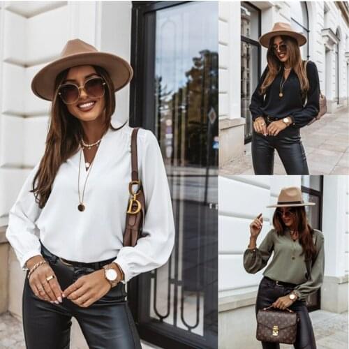Fashion Streetwear 2020 Women Long Sleeve V-neck Shirt Simple Style Solid Color Blouse Top for Ladies Black White Shirts