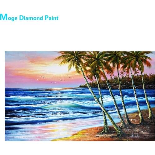 Morning Glow Coconut Tree Beach Diamond Painting Round Full Drill DIY Mosaic Embroidery 5D Cross Stitch Sea Waves Scenic Pattern