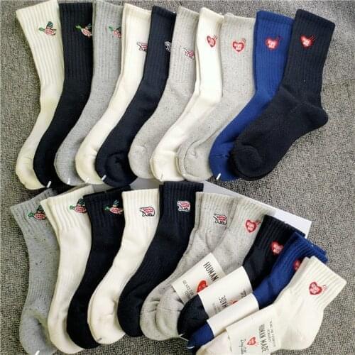 Embroidery HUMAN Japan Street Fashion Crew Short Socks Polar Bear Men Little Flying Bird Duck Red Love What Heart MAKE Unisex