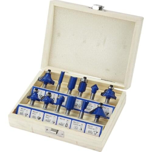 12Pcs/Set 1/4 inch 1/2 inch 8mm Blue Coated Shank Wood Router Bit Kit Carbide Alloy Milling Wood Cutters Cupboard Trimming Tool