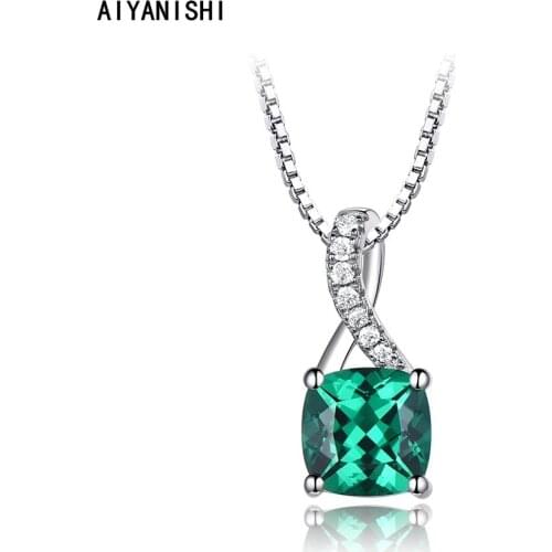 AIYANISHI 925 Sterling Silver Pendant Necklace for Women 1.5ct Cushion Twisted Nano Emerald Pendant Necklace Wedding Party Gifts