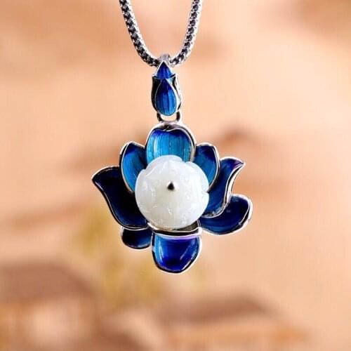 New inlaid with natural Hetian Chalcedony lotus canopy Pendant Necklace enamel color Chinese style retro charm womens jewelry