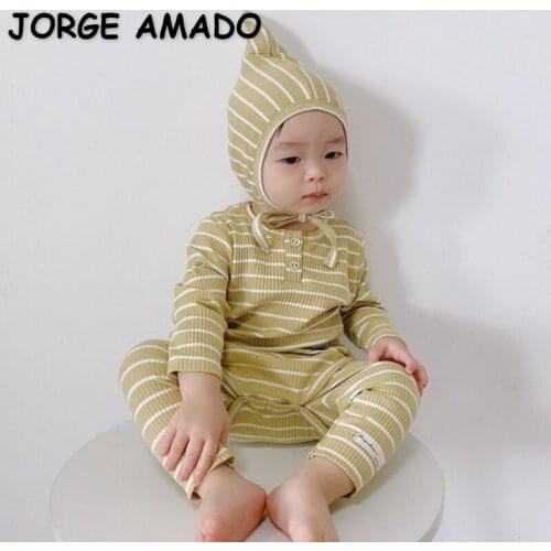 2021 New Autumn Kids Girls Boys Pajamas Sets Long Sleeves Round Collar Striped Bodysuit + Top + Leggings Newborn Clothes E0228