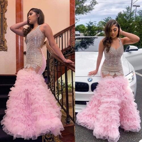 Luxury Beading Evening Dress Illusion V Neck Crystal Beads Cascading Ruffles Mermaid Prom Gowns Tiered Skirts Sweep Train Party