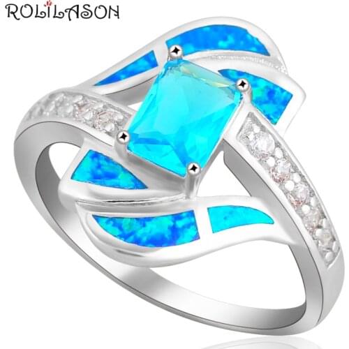 Rectangle Blue Zirconia design Blue fire Opal Silver Rings fashion jewelry USA size #8 OR897 hot selling for women