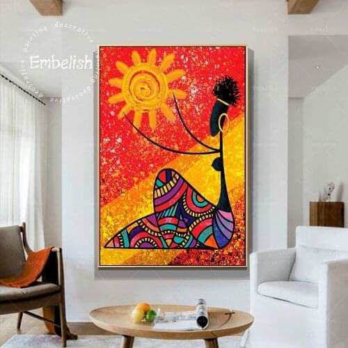 Embelish 1 Pieces African Girl Woman Holds The Sun Modern Home Decor Pictures Abstract Wall Art Posters HD Print Canvas Painting