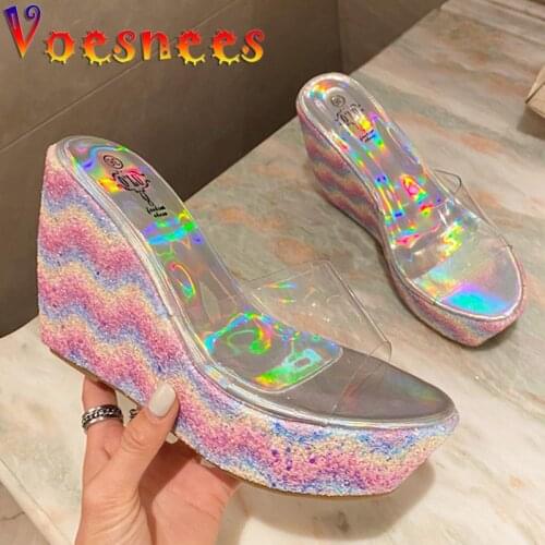 Voesnees Women Slipper Shoes 2021 New Transparent Sexy Open-Toe Sandals 12CM Colour Heel Summer Casual Wedges High-Heeled Shoes