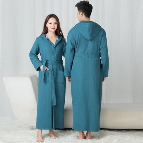 Women Long 100% Cotton Hooded Bathrobe Plus Size Suck Water Towel Thick Bath Robe Spa Sleepwear Bride Dressing Gown Men Robes