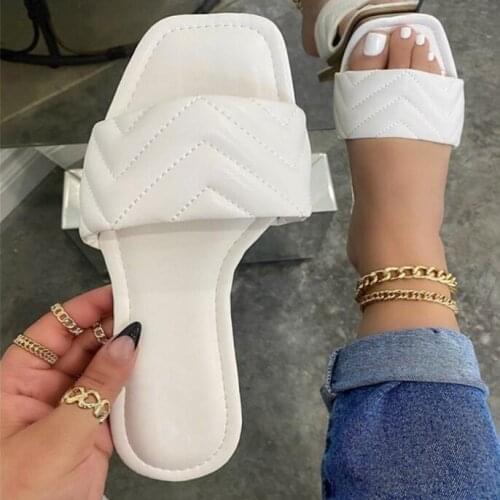 2021 summer women new square head big size one word flat sandals and slippers fashion beach leather all-match flip flop