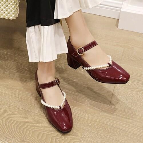 Women Pumps Elegant Pearl High Heels 2021 New red Thick With Single Shoes Middle Hollow Fashion Simple Woman Work Shoes