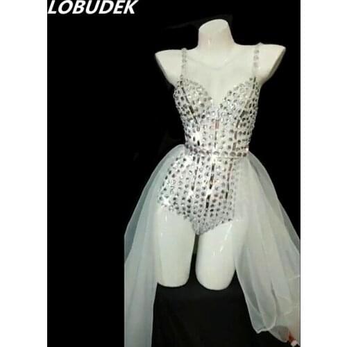 Women White Rhinestones Bodysuit Mesh Trail Bar Nightclub Concert Stage Wear Singer Dancer Sexy Performance Costume Hand Sewing