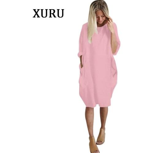 Large size womens long-sleeved dress pocket loose ladies round neck dress in the long section womens shirt dress S-3XL-5XL