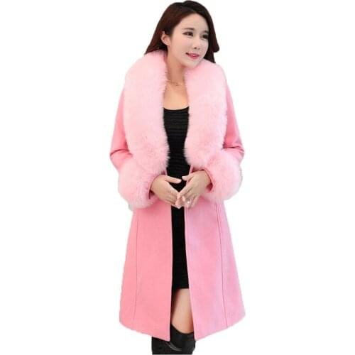 Women Woolen Coat 2021 New Autumn Winter Plus Size Slim Tops Korean Pink Yellow Red Fur Collar Fashion Long Blends Jacket N1123