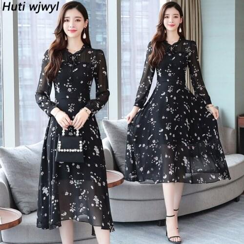 2021 Vintage 2XL Plus Size Floral Chiffon Midi Dresses Autumn Winter Print Long Sleeve Dress Elegant Women Bodycon Party Vestido