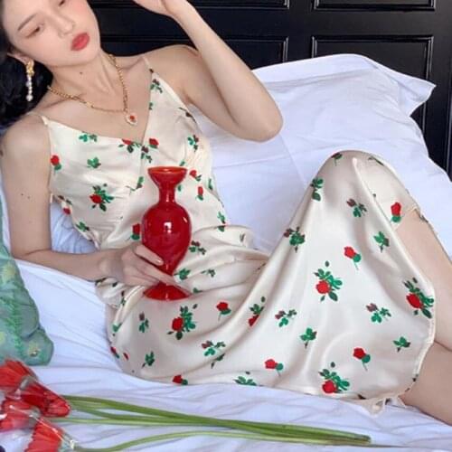 French style summer vintage printed spaghetti strap dress women v-neck slim chiffon dress
