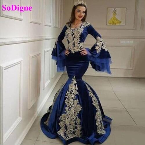 SoDigne Royal Blue Moroccan caftan Evening Dresses Appliqued Lace Arabic Muslim Velvet Mermaid Prom Dresses Evening Party Gowns