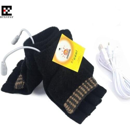 Winter Warm Boy&Girl USB Dual-Sided Heating Gloves,Stretch Men&Women Double Layer Hand Back&Palm Wool Knitted Half-Finger Gloves