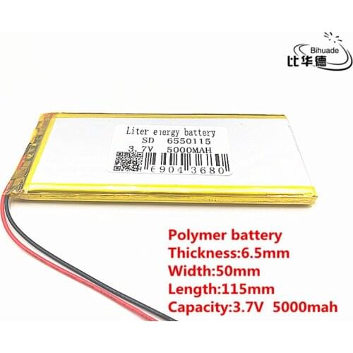 2pcs/lot Good Qulity 3.7V,5000mAH,6550115 Polymer lithium ion / Li-ion battery for TOY,POWER BANK,GPS,mp3,mp4